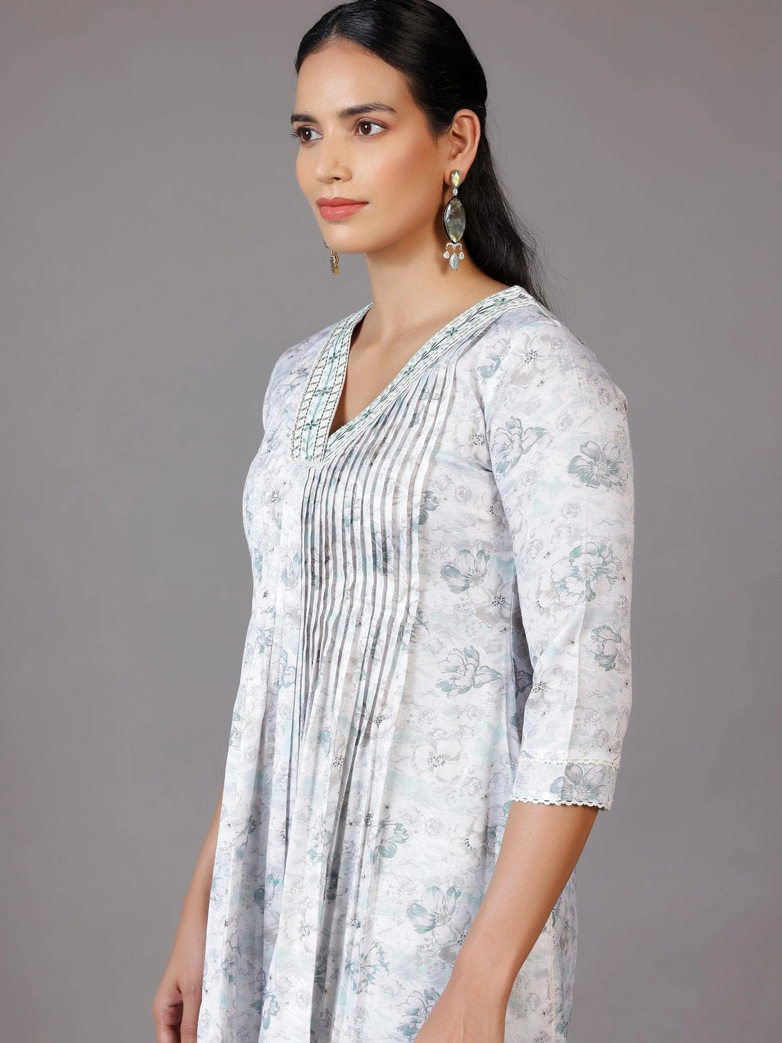 Mameraa Off White Printed Cotton Blend A-Line Kurta With Palazzos & Dupatta