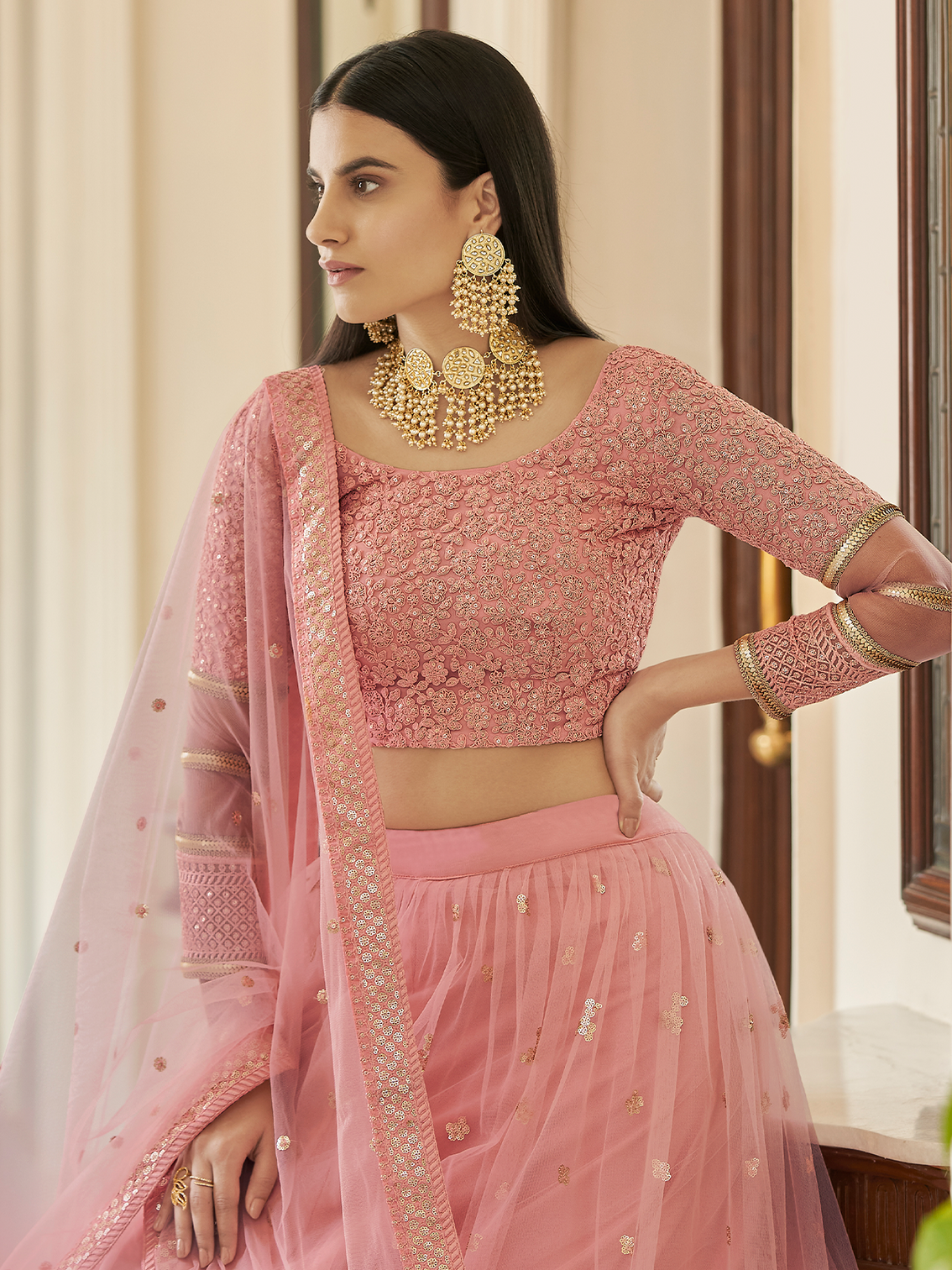 Pink Embroidered Soft Net Semi Stitched Lehenga With Unstitched Blouse