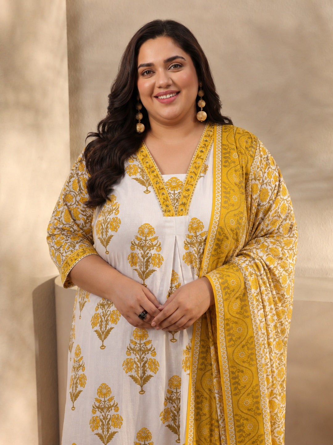 Plus Size Yellow Floral Printed Cotton Blend Anarkali Suit Set
