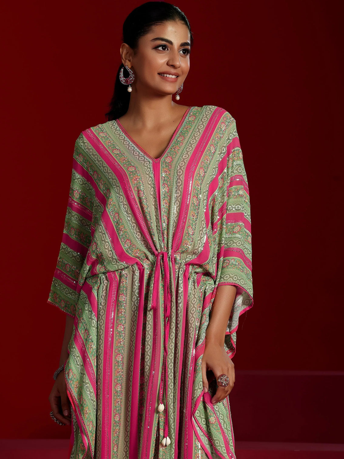 Mameraa Art Pink Printed Poly Georgette 3 Piece Co-Ords