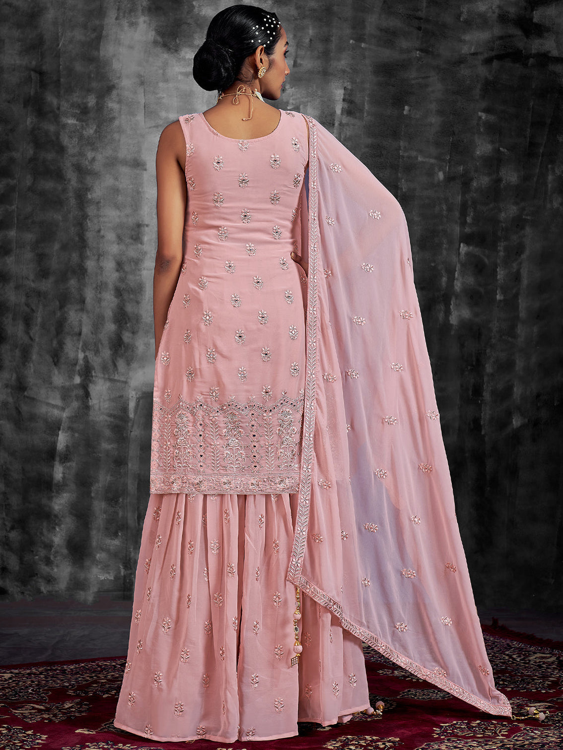 Beautiful Embroidered Pink Georgette Semi Stitched Kurta Set