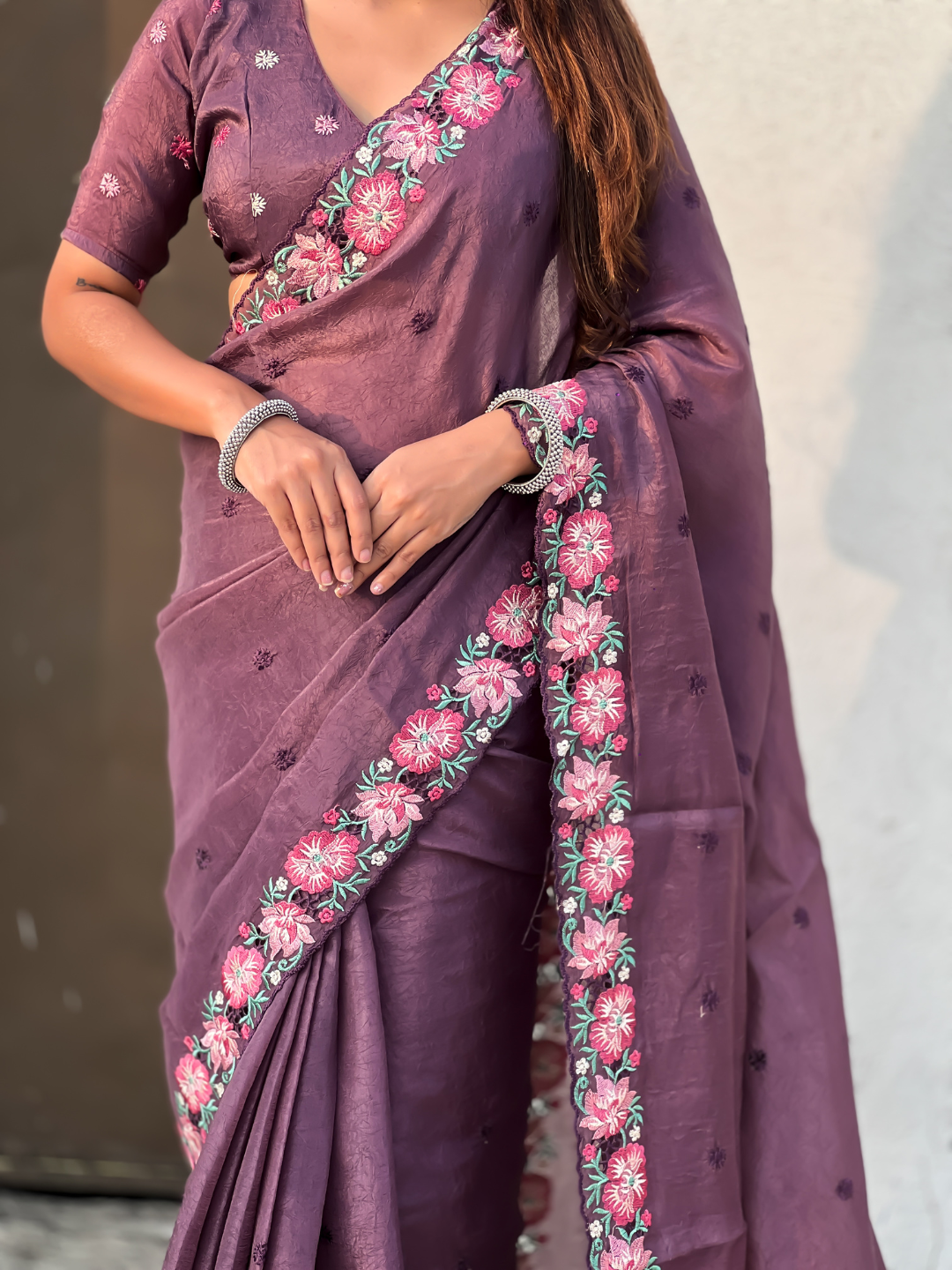 Wine Pure Crush Embroidered Saree with Multicolor Floral Motifs and Cutwork Border