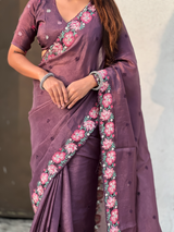 Wine Pure Crush Embroidered Saree with Multicolor Floral Motifs and Cutwork Border
