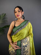 Olive Linen Kalamkari Printed Saree