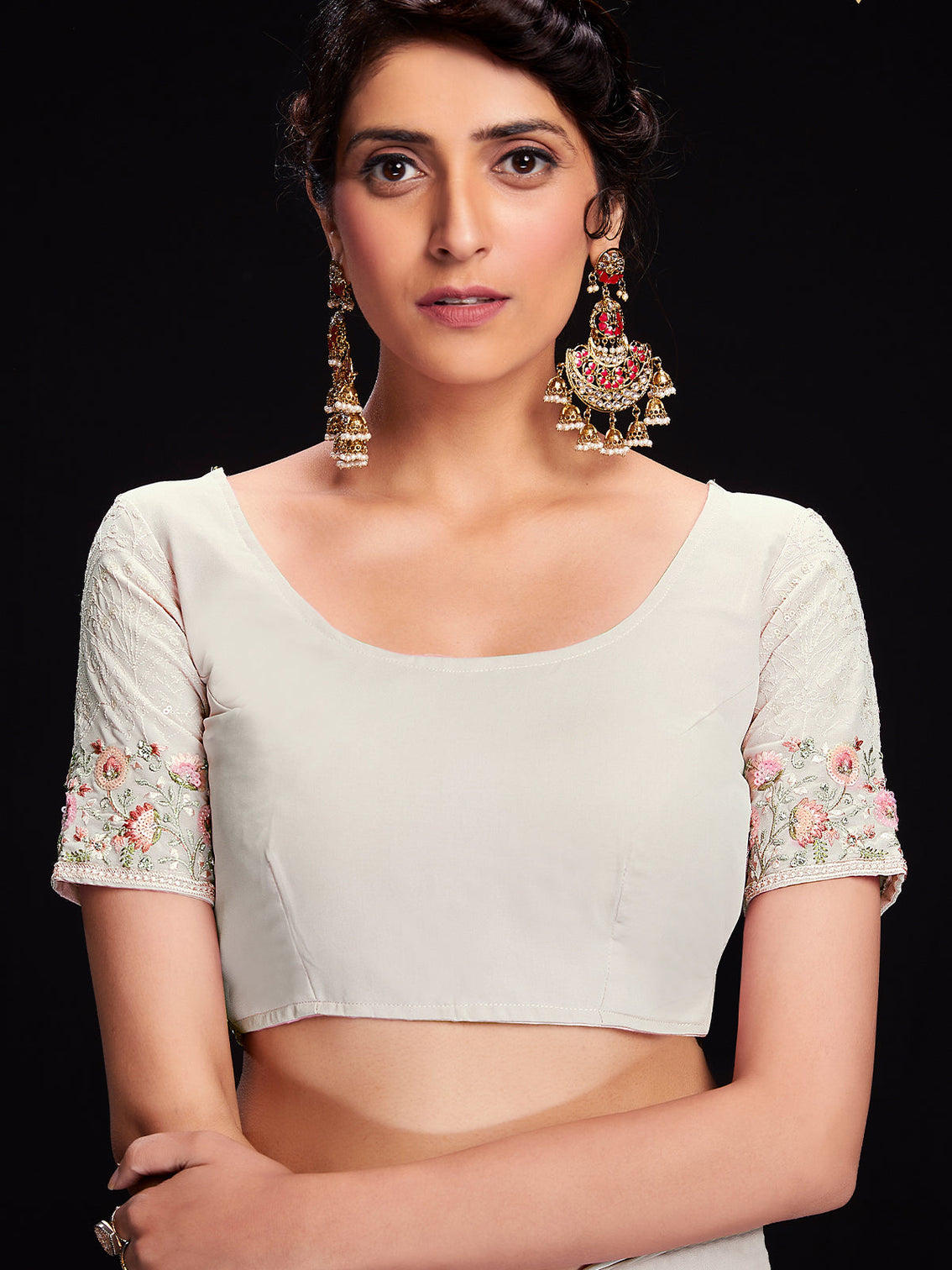 White Georgette Embroidered Saree With Unstitched Blouse