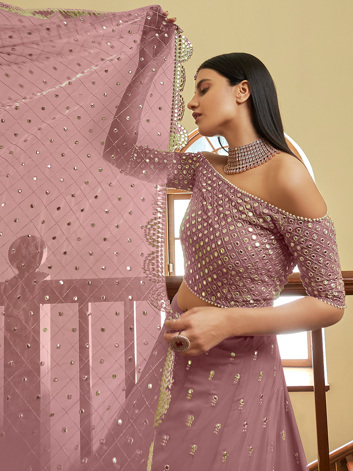 Lilac Georgette Semi Stitched Lehenga With Unstitched Blouse