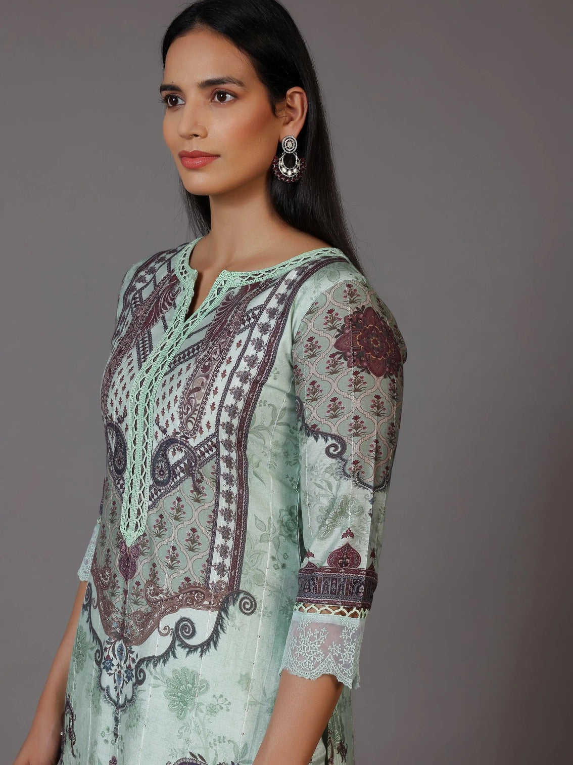 Mameraa Green Printed Silk Blend Pakistani Suit