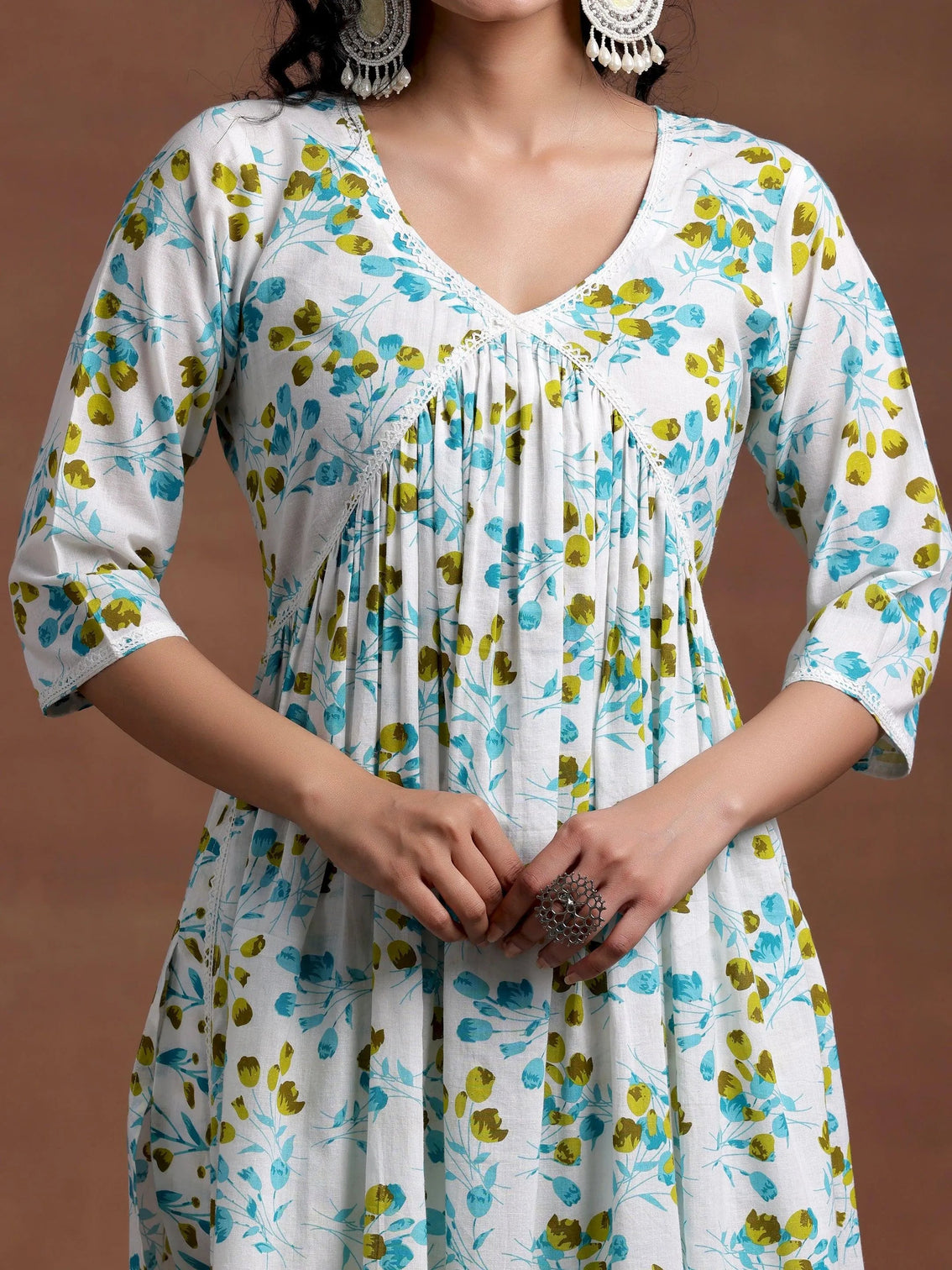 Mameraa Off White Printed Cotton A-Line Kurta With Palazzos & Dupatta