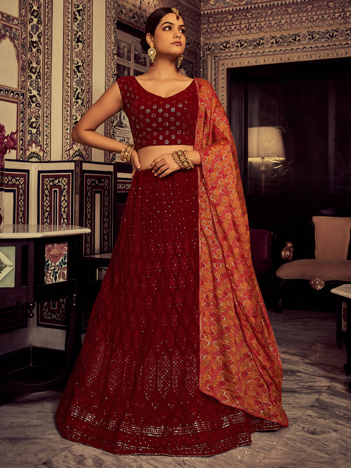 Stylish Maroon Embroidered Georgette Semi Stitched Lehenga With Blouse Piece