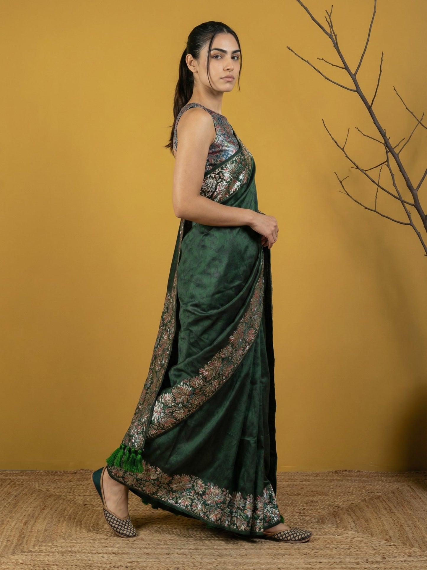 Soft Silk Printed Floral Saree with Rainbow Zari Woven Pallu and Contrast Blouse Festive Party Wear Saree