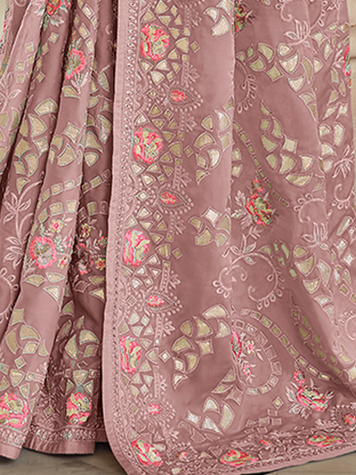 Lilac Satin Georgette Saree With Unstitched Blouse