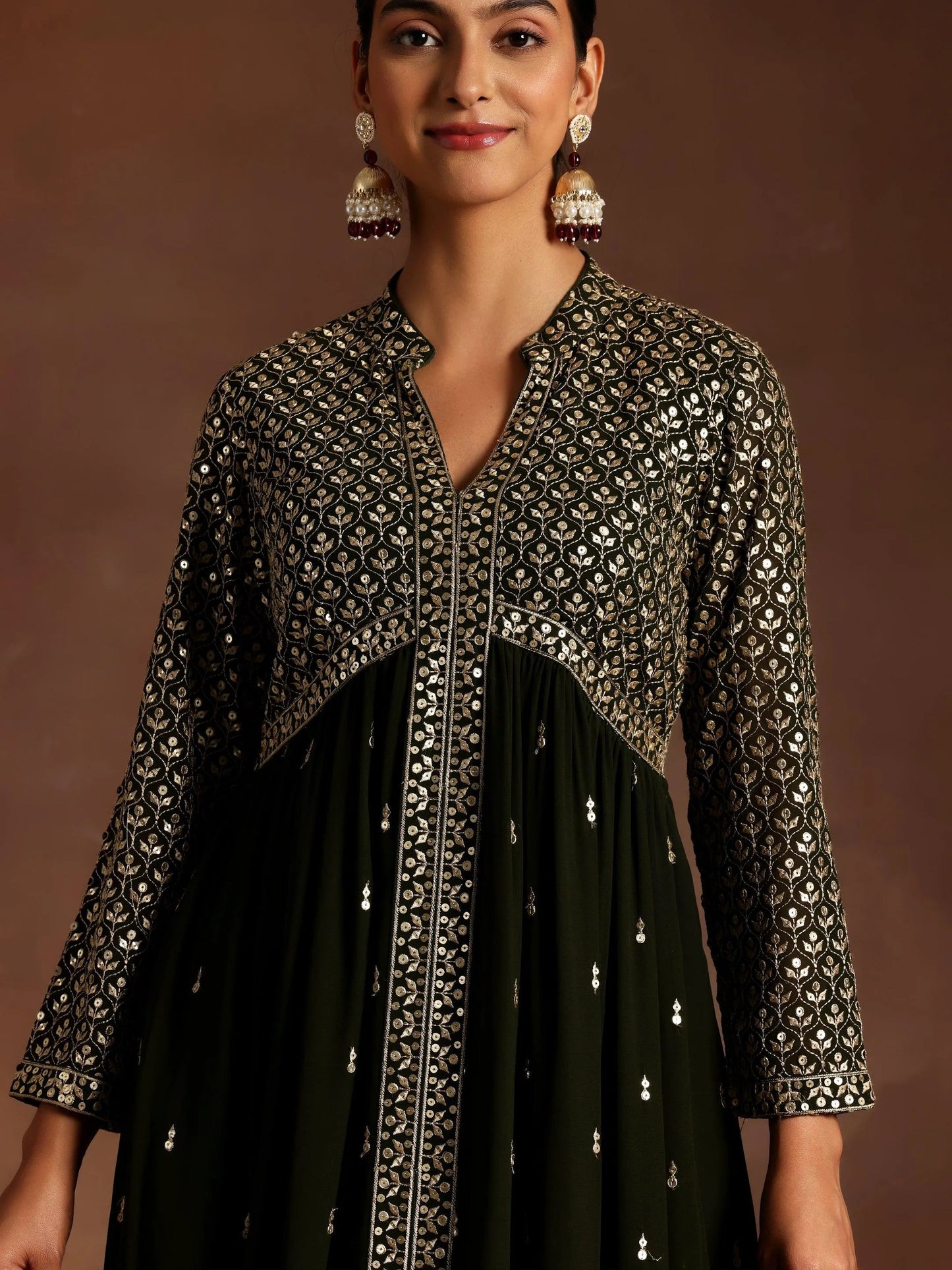 Libas Chandni Olive Embroidered Georgette A-Line Kurta With Trousers & Dupatta