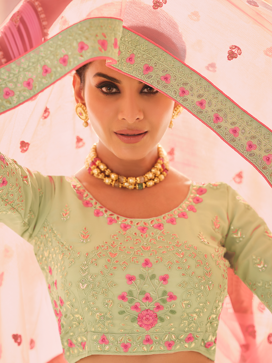Green Embroidered Georgette Semi Stitched Lehenga With Unstitched Blouse