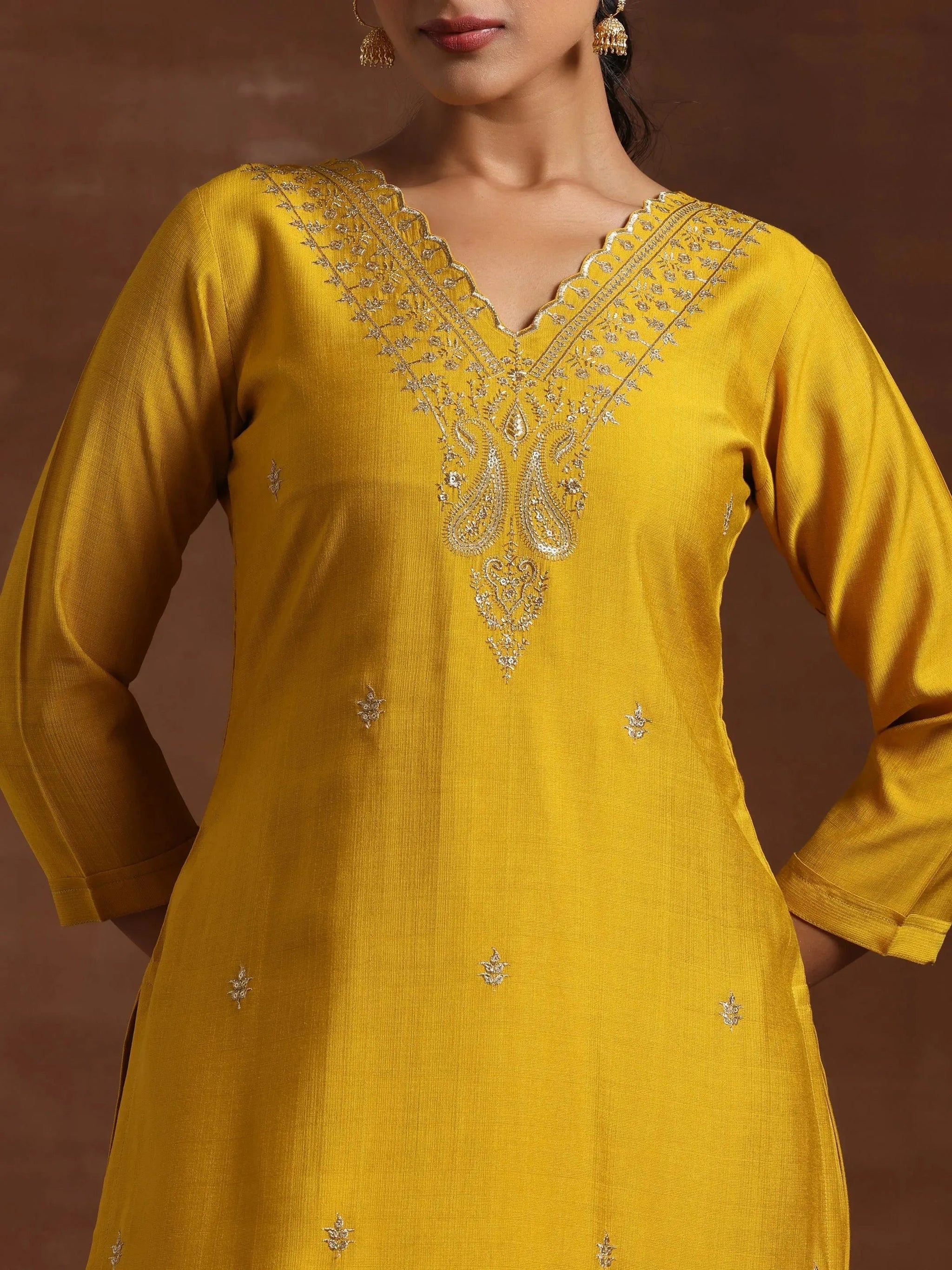 Libas Mustard Embroidered Silk Blend Straight Suit With Dupatta