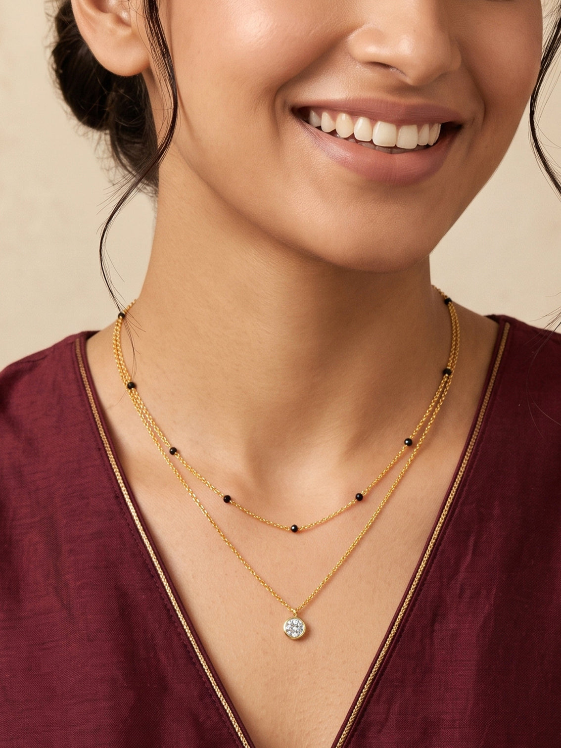 Mameraa Double-Layered Pearl Pendant 18K Gold Plated Mangalsutra