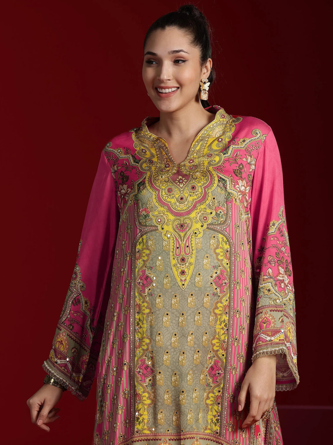 Mameraa Art Coral Printed Silk Blend Straight Kurta Dhoti Pants