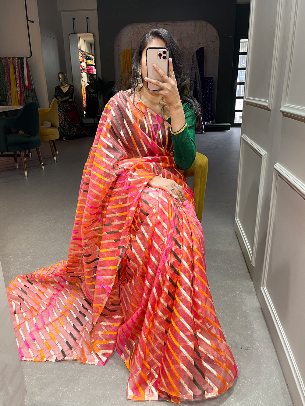 Pink Color Zari Weaving Work Organza Saree