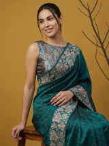 Soft Silk Printed Floral Saree with Rainbow Zari Woven Pallu and Contrast Blouse Festive Party Wear Saree