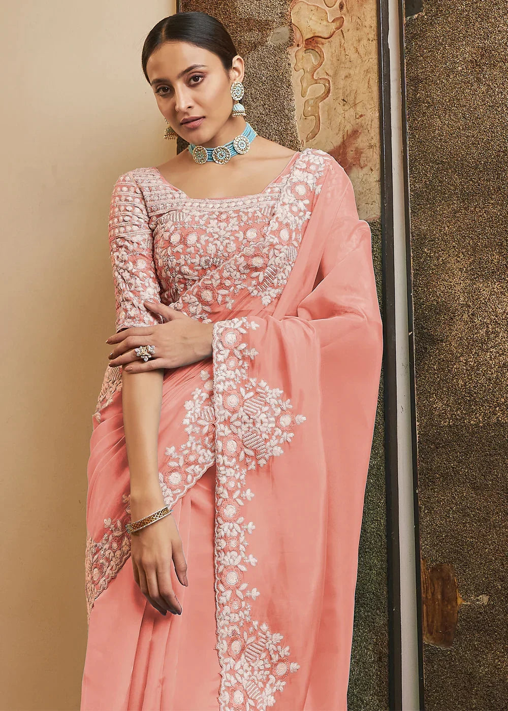 Peach Pink Organza Saree With Sequins, Resham & Cut-Work