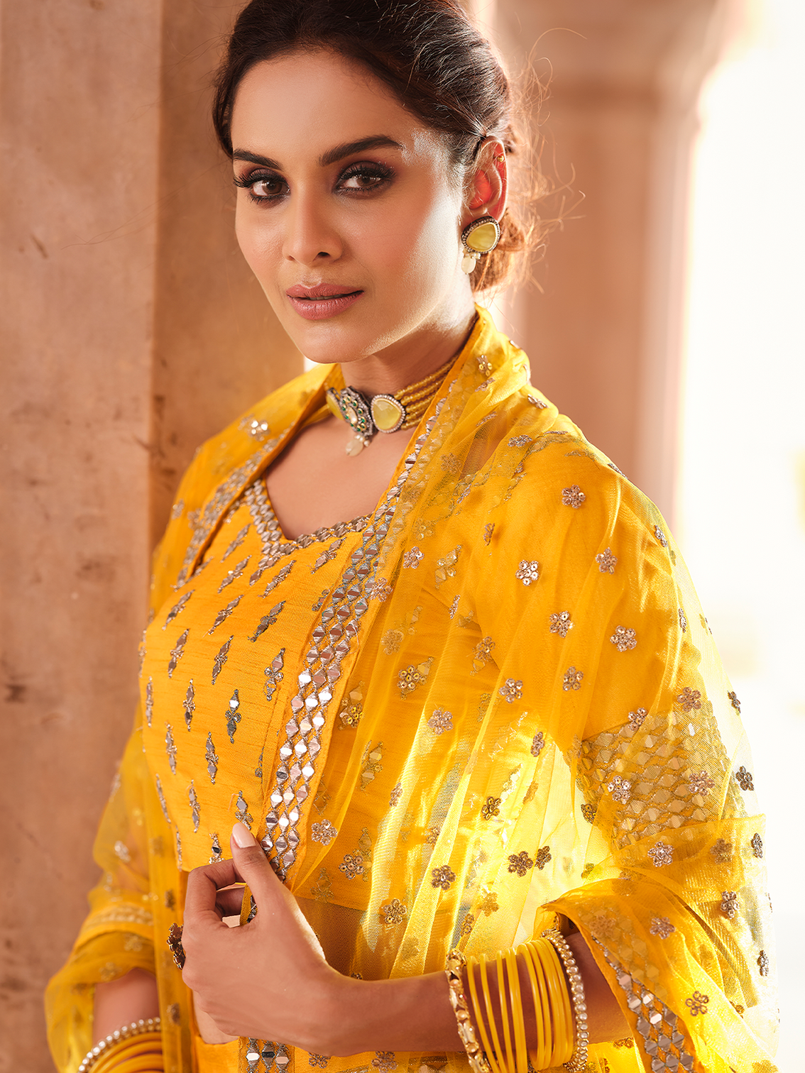 Mustard Embroidered Art Silk Semi Stitched Lehenga With Unstitched Blouse