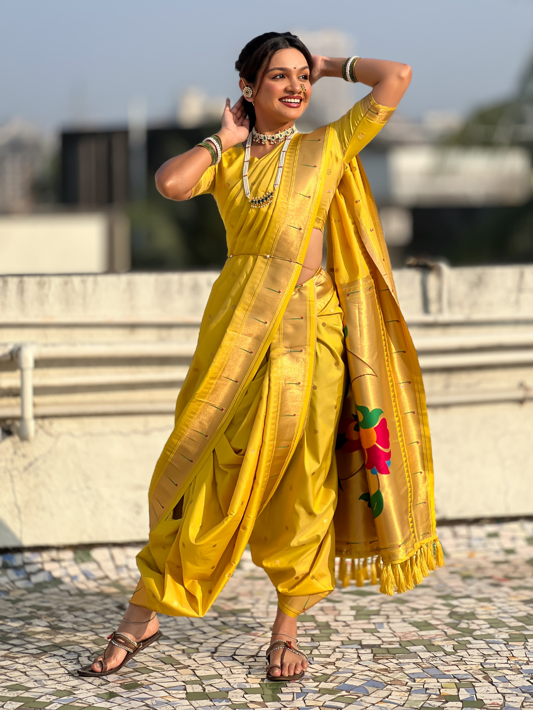 Yellow Wedding Special Nauvari Paithani Soft Silk Saree with Zari Woven Polka Motifs and Peacock Pallu
