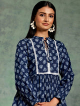 Libas Blue Yoke Design Cotton A-Line Kurti