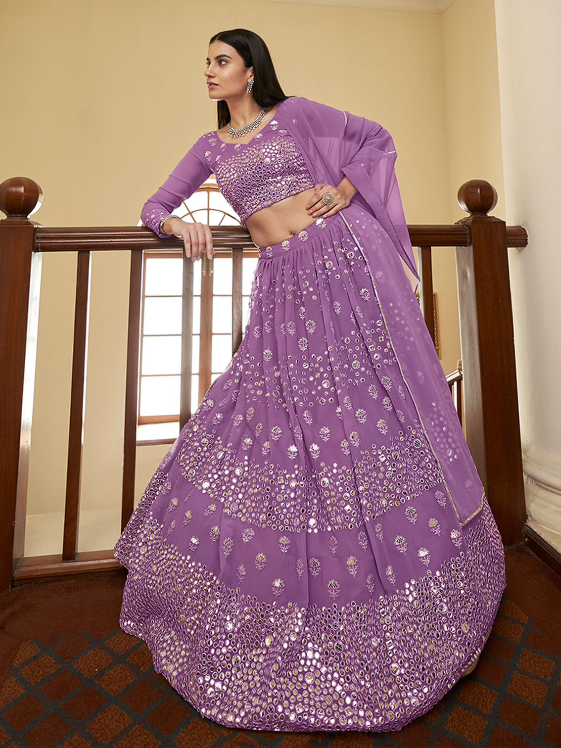 Purple Georgette Semi Stitched Lehenga With Unstitched Blouse