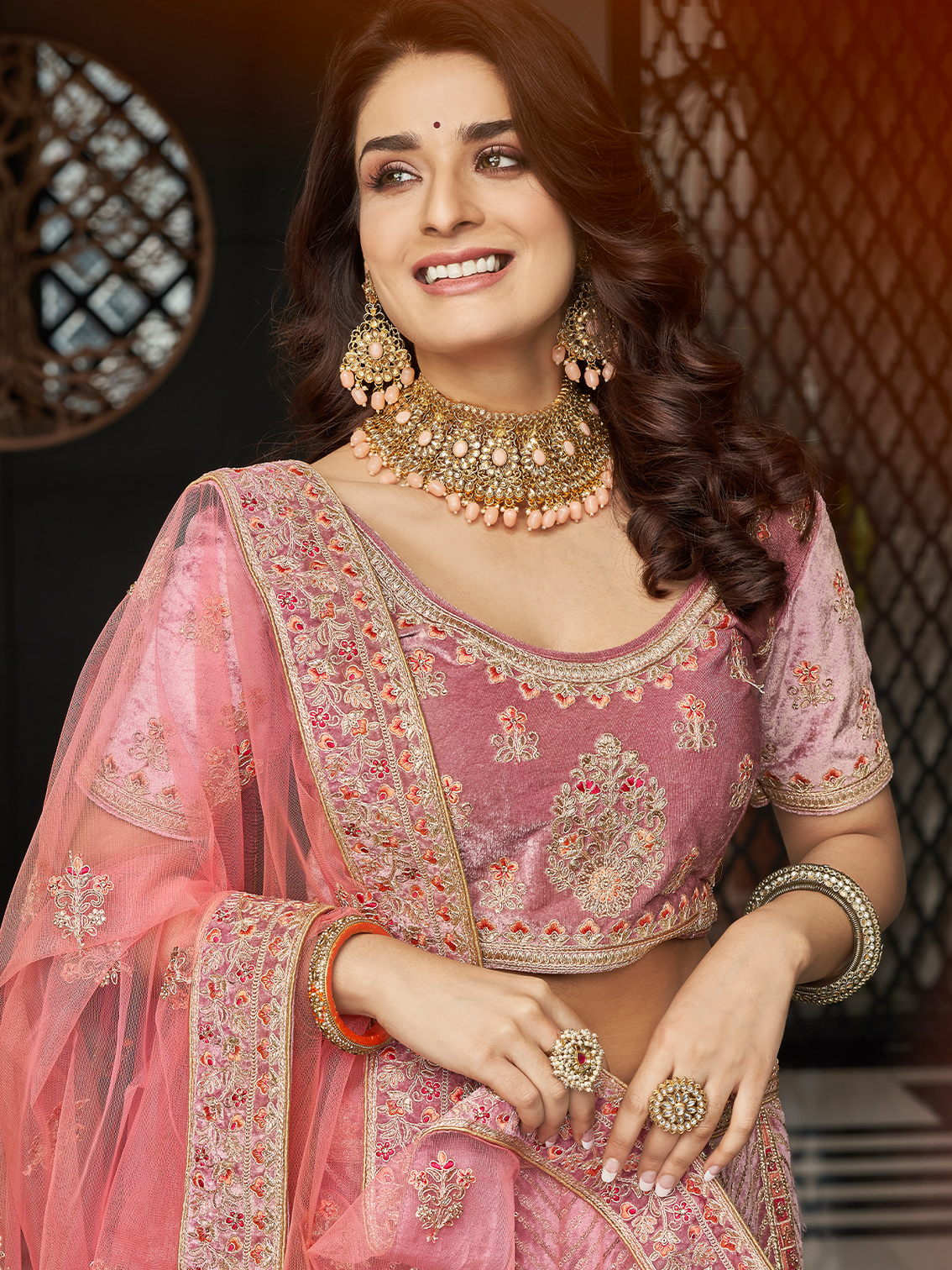 Lilac Velvet Semi Stitched Lehenga With Unstitched Blouse
