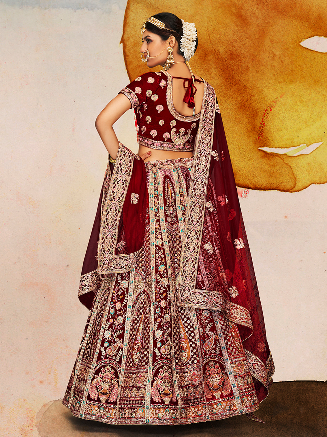 Maroon Velvet Semi Stitched Lehenga With Unstitched Blouse