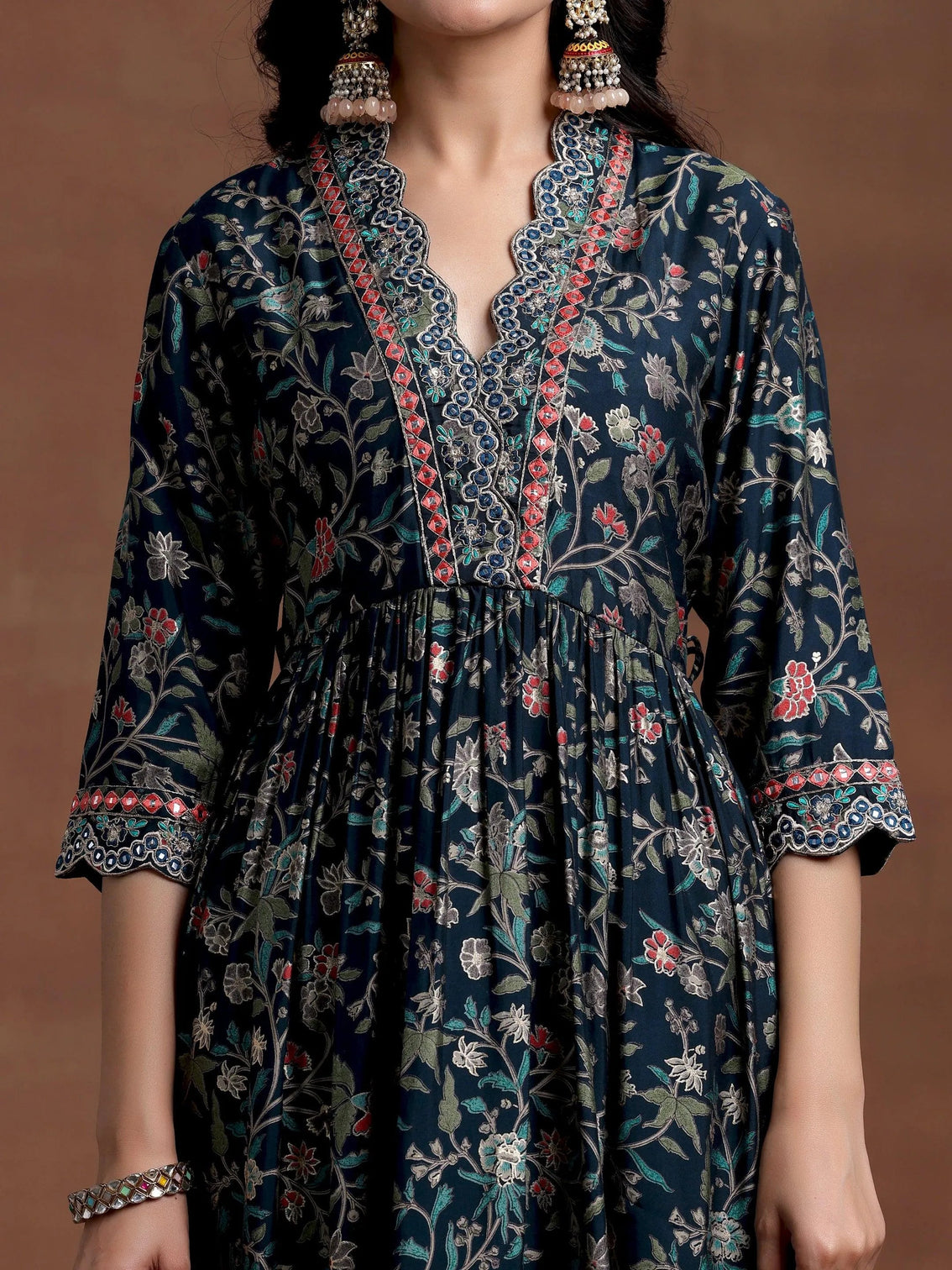 Mameraa Blue Printed Silk Blend A-Line Kurta With Palazzos & Dupatta