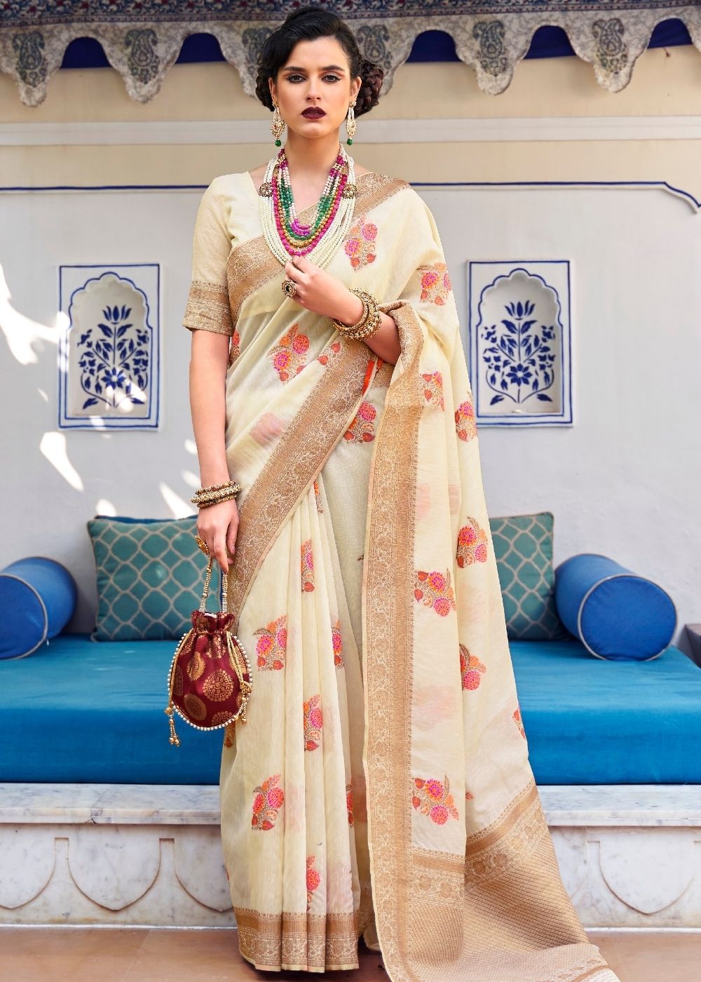 Light Cream Pure Linen Woven Silk Saree with Zari work on Border and Pallu