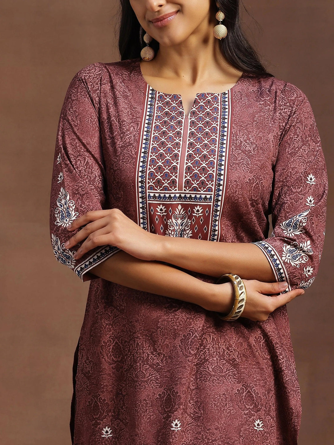 Mameraa Brown Printed Poly Crepe Straight Kurta With Trousers