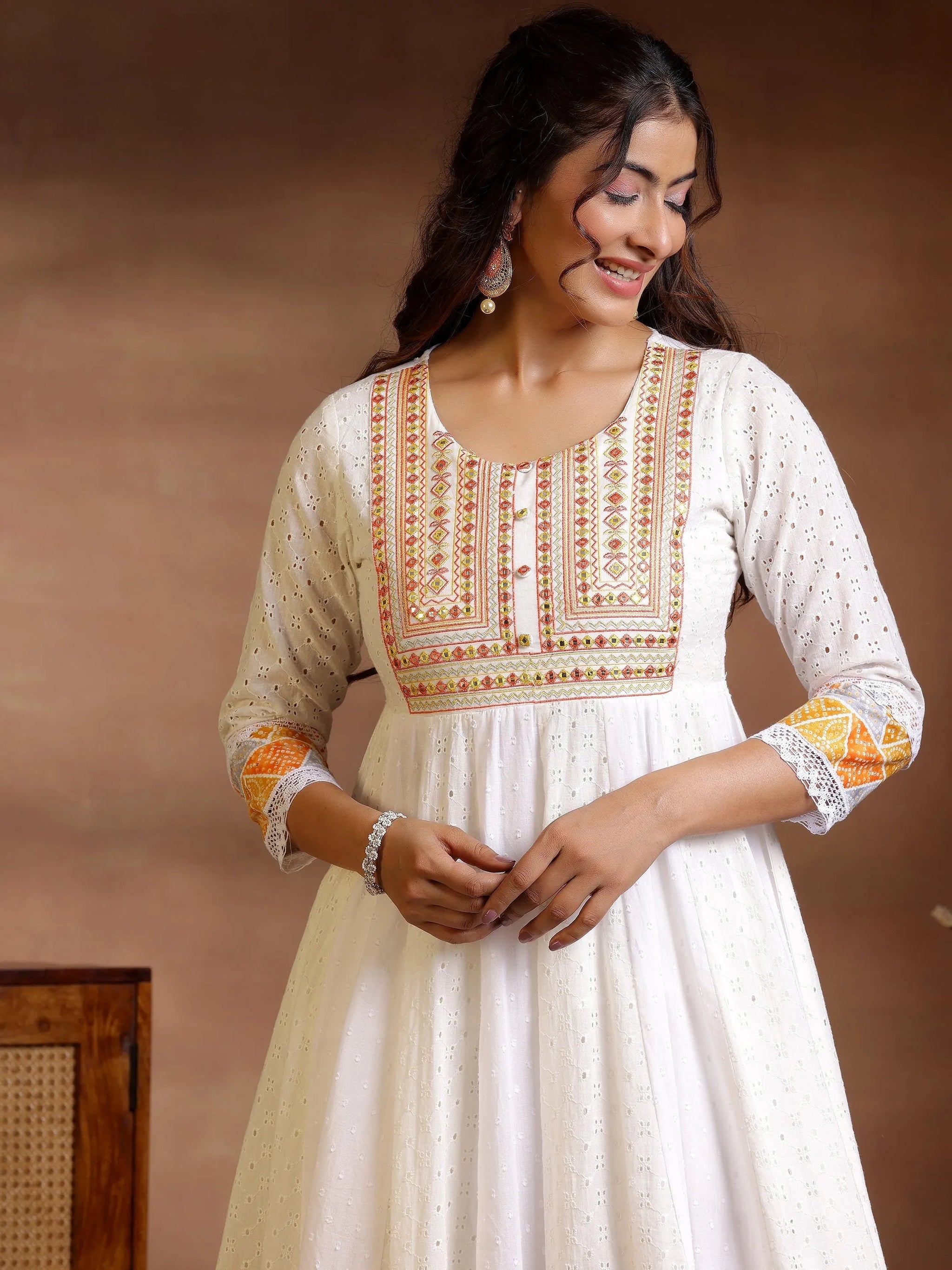 Libas White Self Design Cotton Anarkali Suit With Dupatta