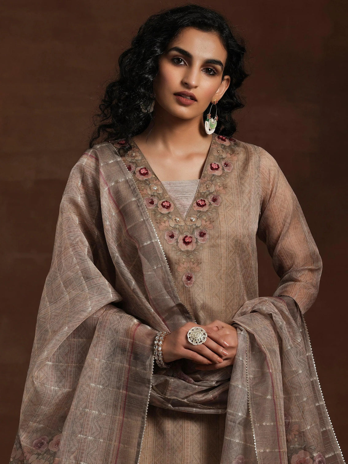 Mameraa Tan Printed Organza Straight Suit With Dupatta