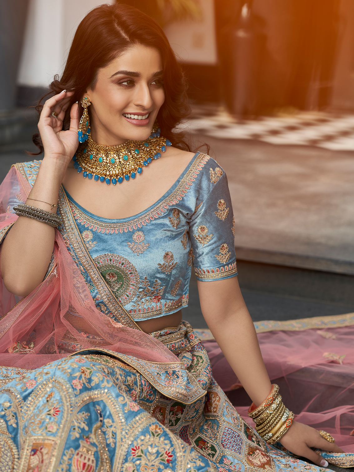 Sky Blue Velvet Semi Stitched Lehenga With Unstitched Blouse
