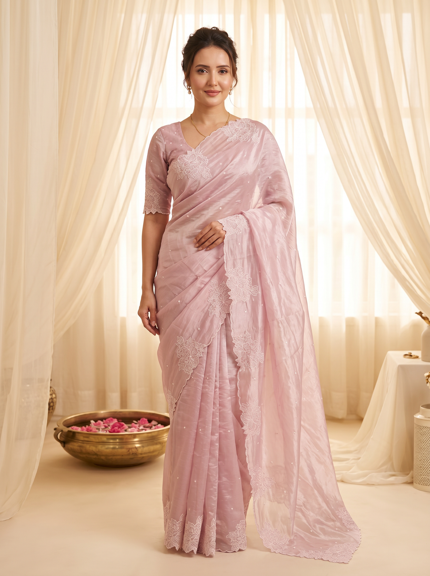 Pink Pure Raspberry Crush Silk Saree with Lucknowi Embroidery