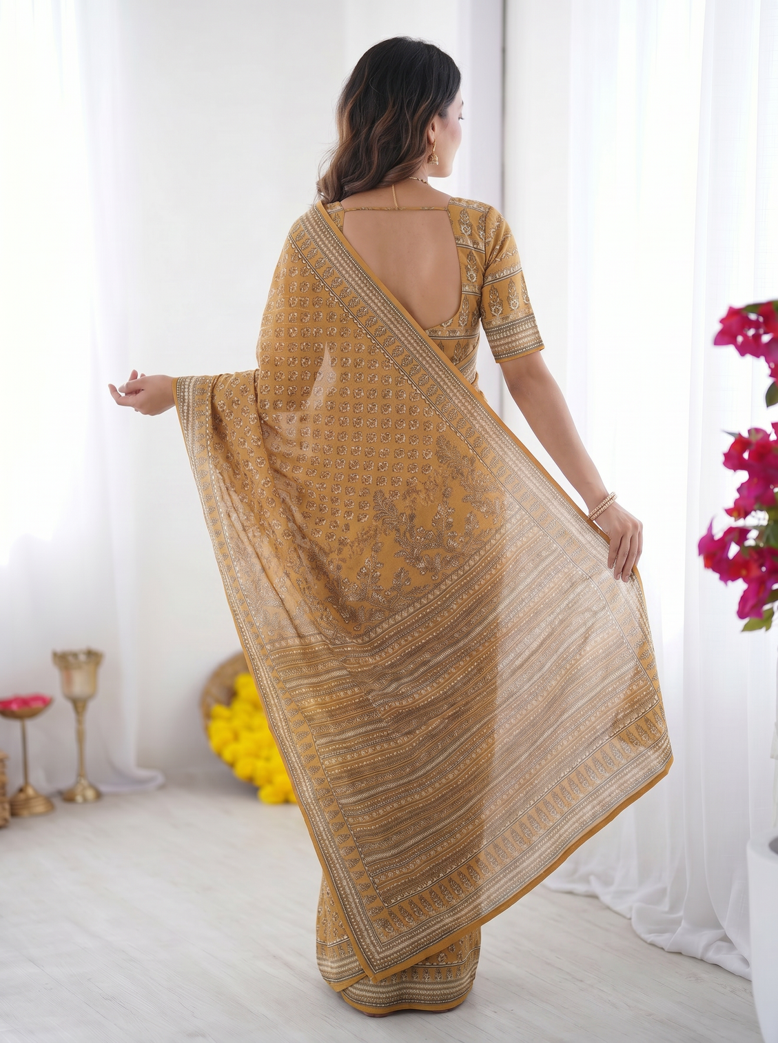 Mustard yellow modal silk saree with traditional floral butti prints heritage border elegant designer pallu
