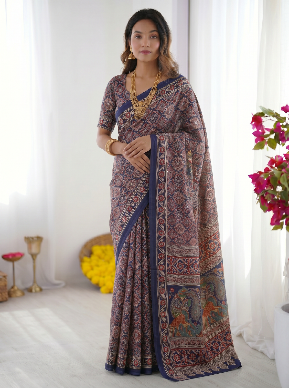 Royal blue modal silk saree with intricate ajrakh inspired geometric prints peacock artistic pallu traditional border