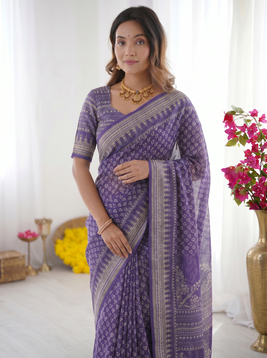 Royal purple modal silk saree with delicate floral butti prints traditional woven border heritage designer pallu