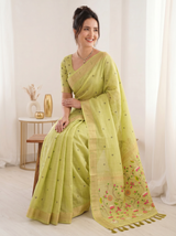 Pista Premium Soft Muga Cotton Saree with Paithani Swan Meenakari Pallu