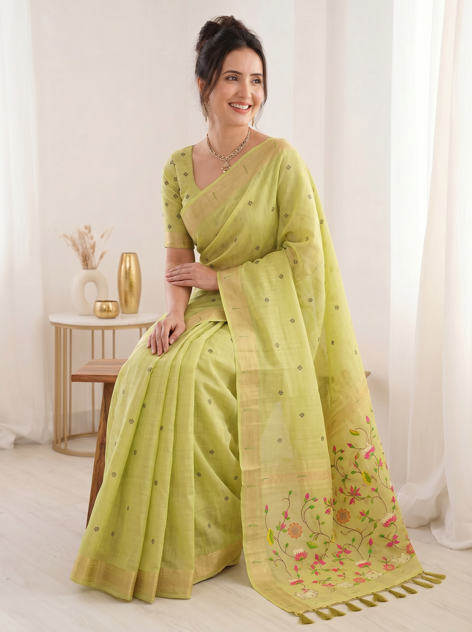 Pista Premium Soft Muga Cotton Saree with Paithani Swan Meenakari Pallu