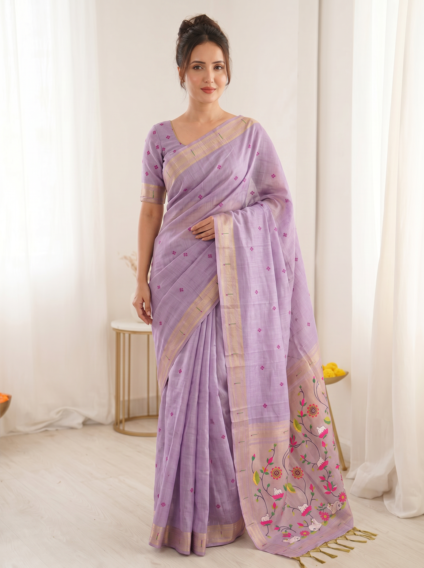 Lavender Premium Soft Muga Cotton Saree with Paithani Swan Meenakari Pallu
