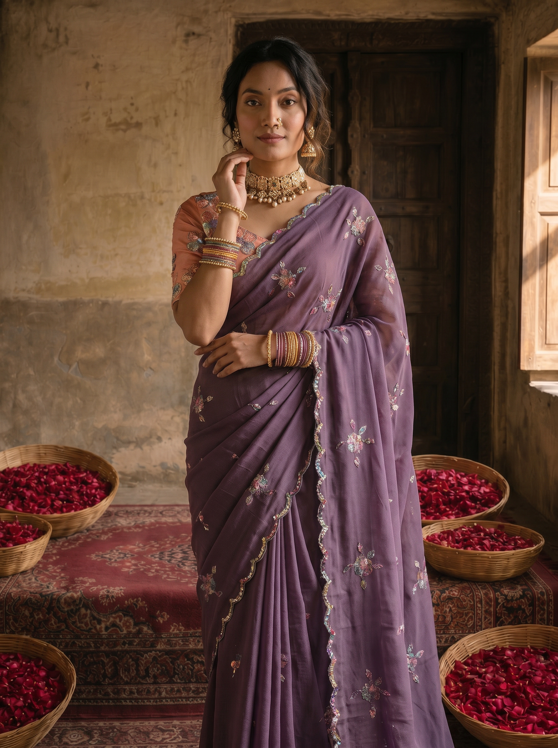 Dusty lavender georgette embroidered saree with floral sequin work peach designer blouse