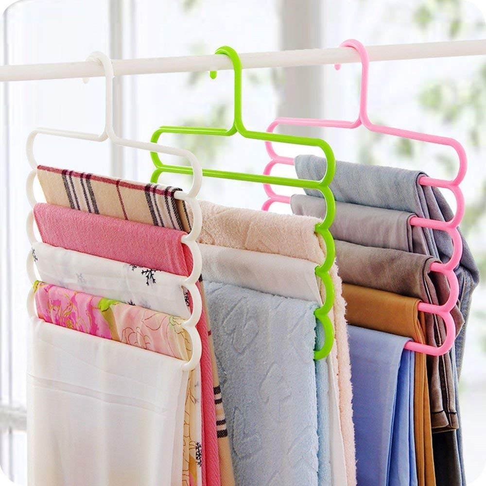 10-Pack Multi-Layer Plastic Clothes Hangers | Space-Saving Multi-Purpose Closet Organizer for Pants, Shirts, Towels – Assorted Colours