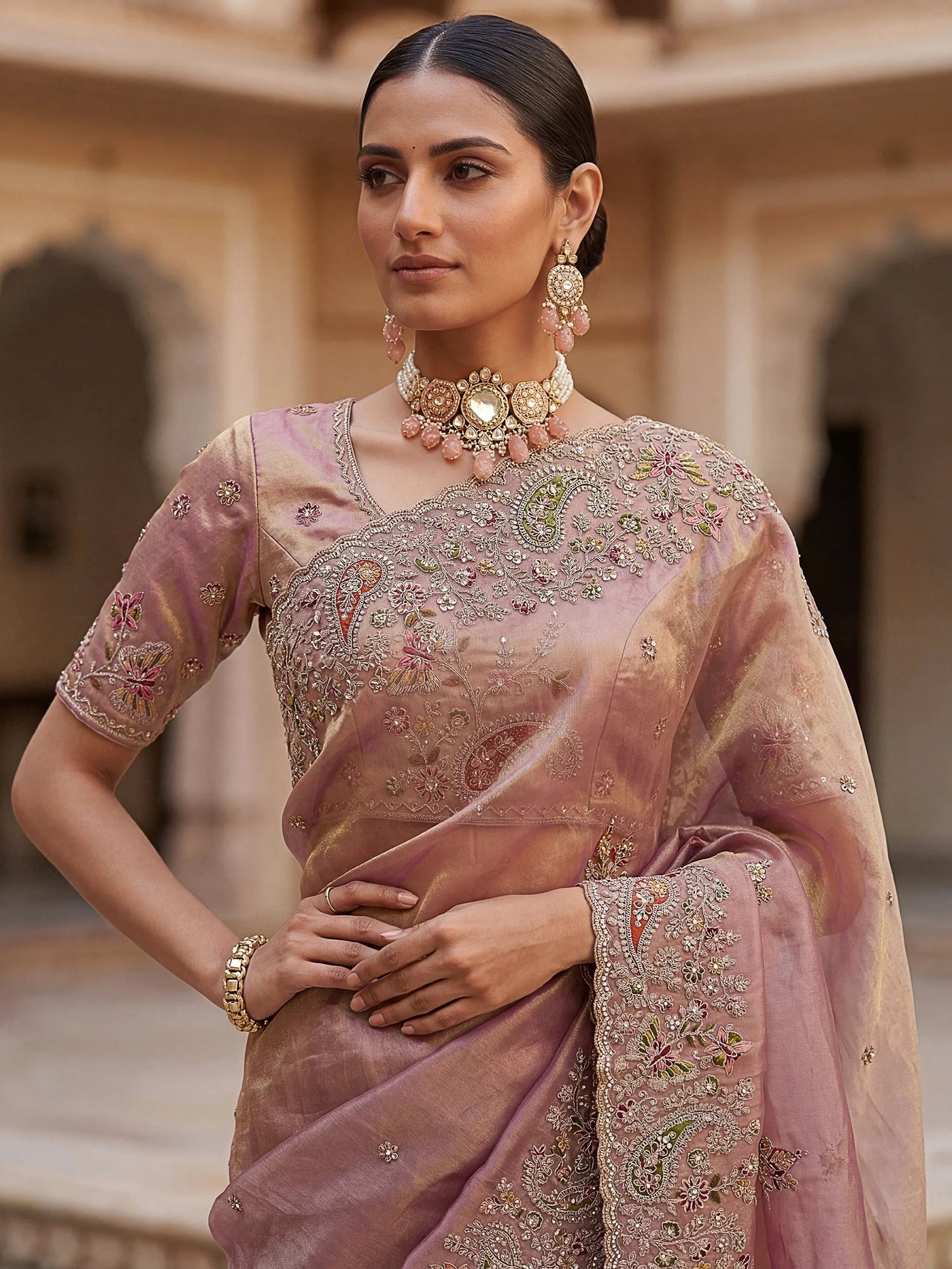 Marvelous Peach Diamond Work Silk Designer Saree With Blouse