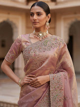 Marvelous Peach Diamond Work Silk Designer Saree With Blouse