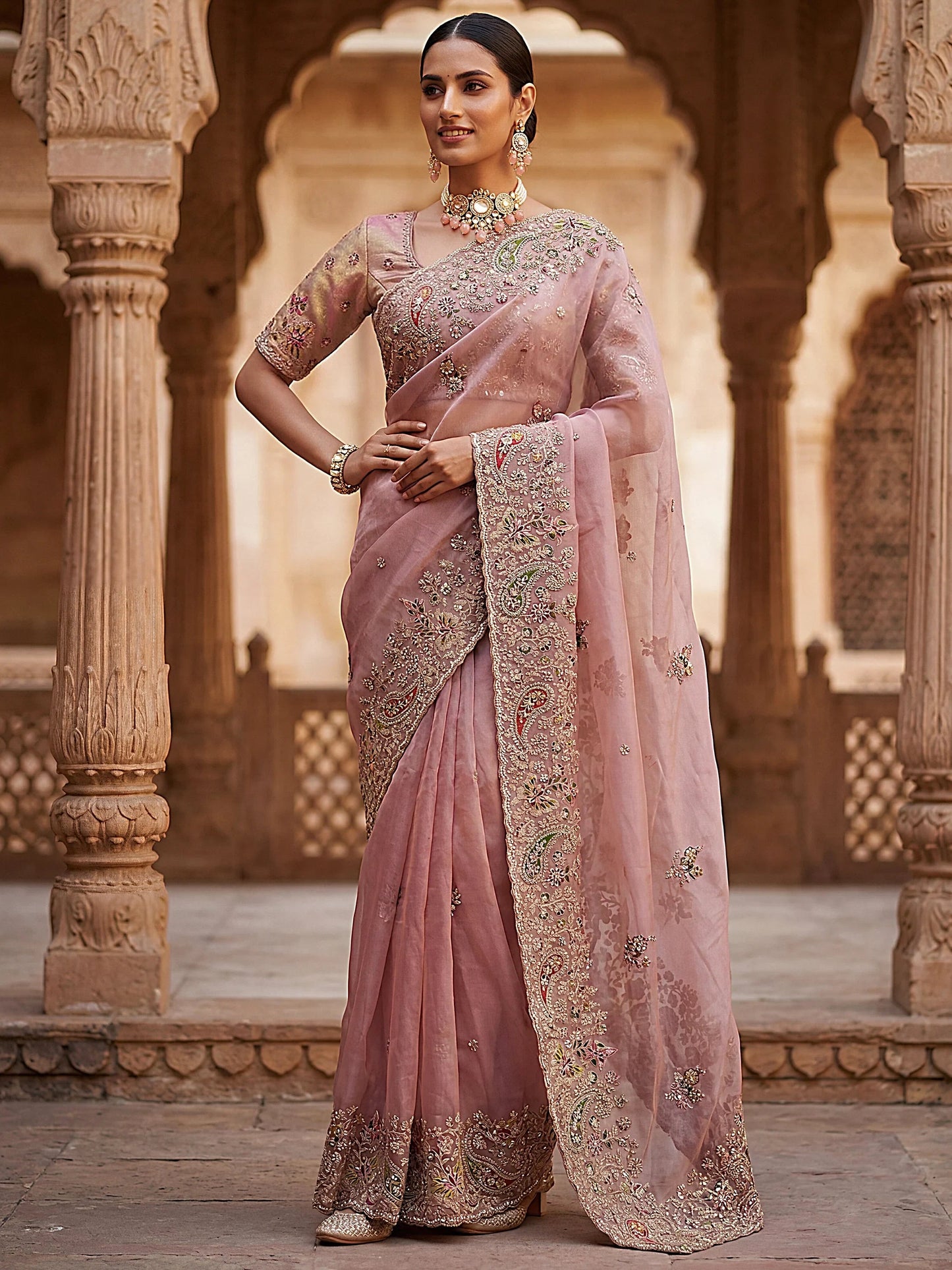 Marvelous Peach Diamond Work Silk Designer Saree With Blouse