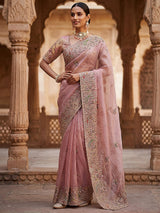 Marvelous Peach Diamond Work Silk Designer Saree With Blouse