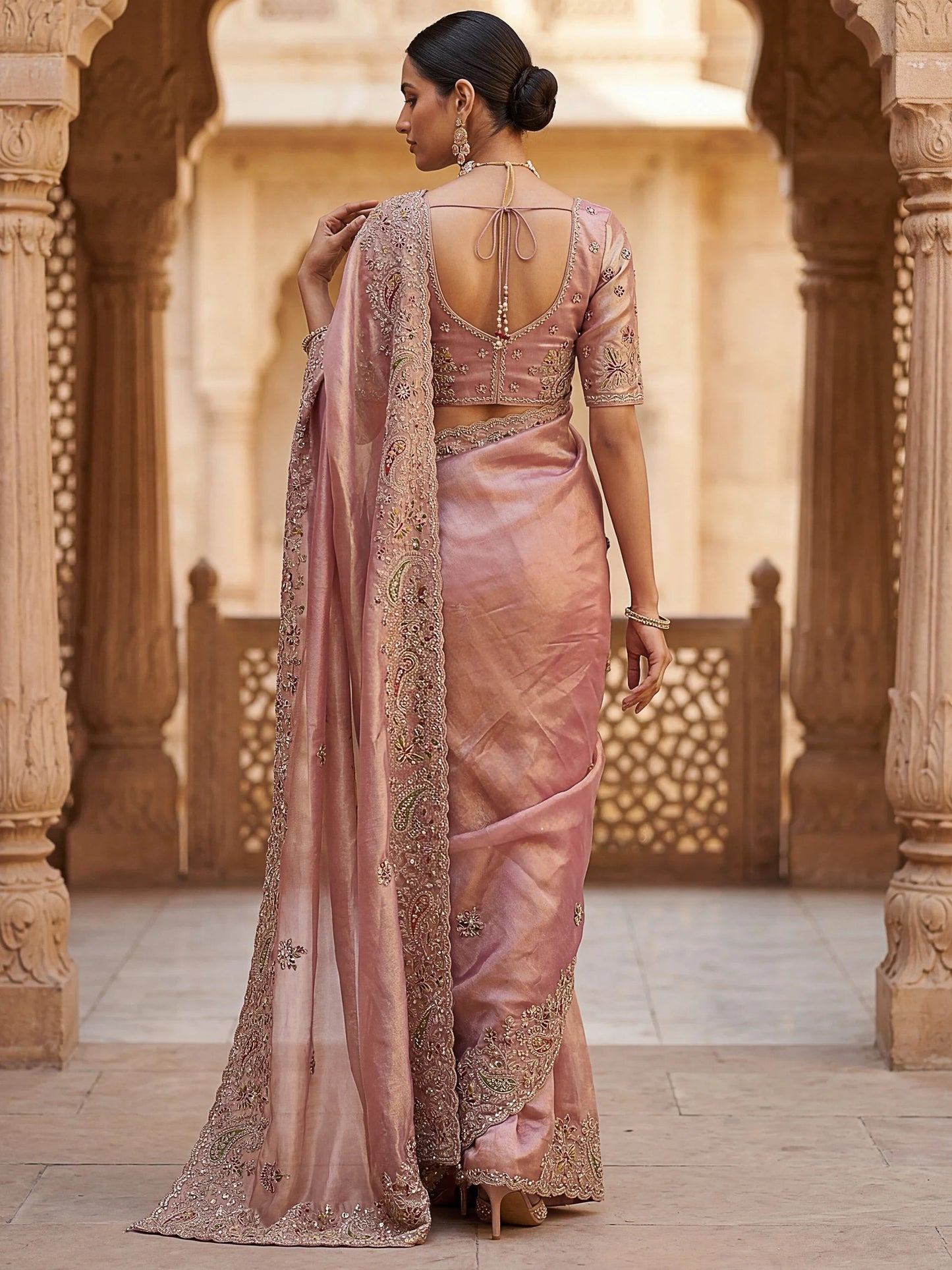 Marvelous Peach Diamond Work Silk Designer Saree With Blouse