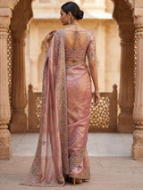 Marvelous Peach Diamond Work Silk Designer Saree With Blouse